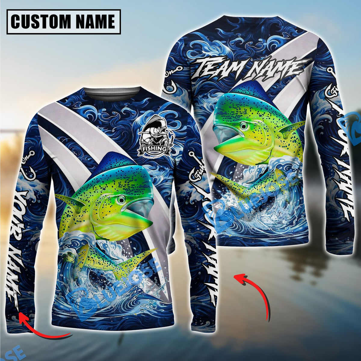 BlueJose Mahimahi Fishing Blue Lava Smoke Silver Line Design Custom Name & Team Name 3D Shirts