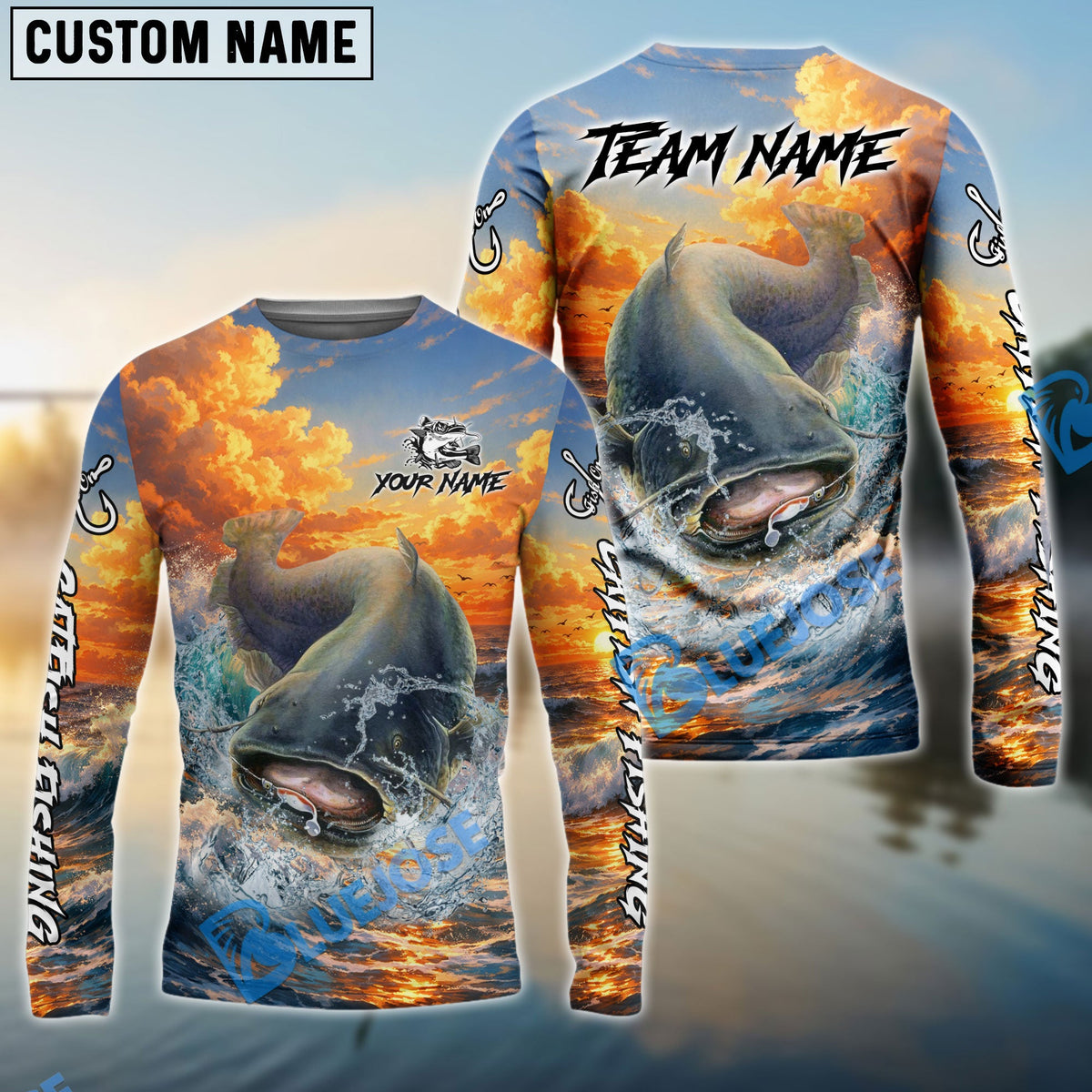 BlueJose Catfish Fishing Ocean Sunset Wave Custom Name & Team Name 3D Shirts