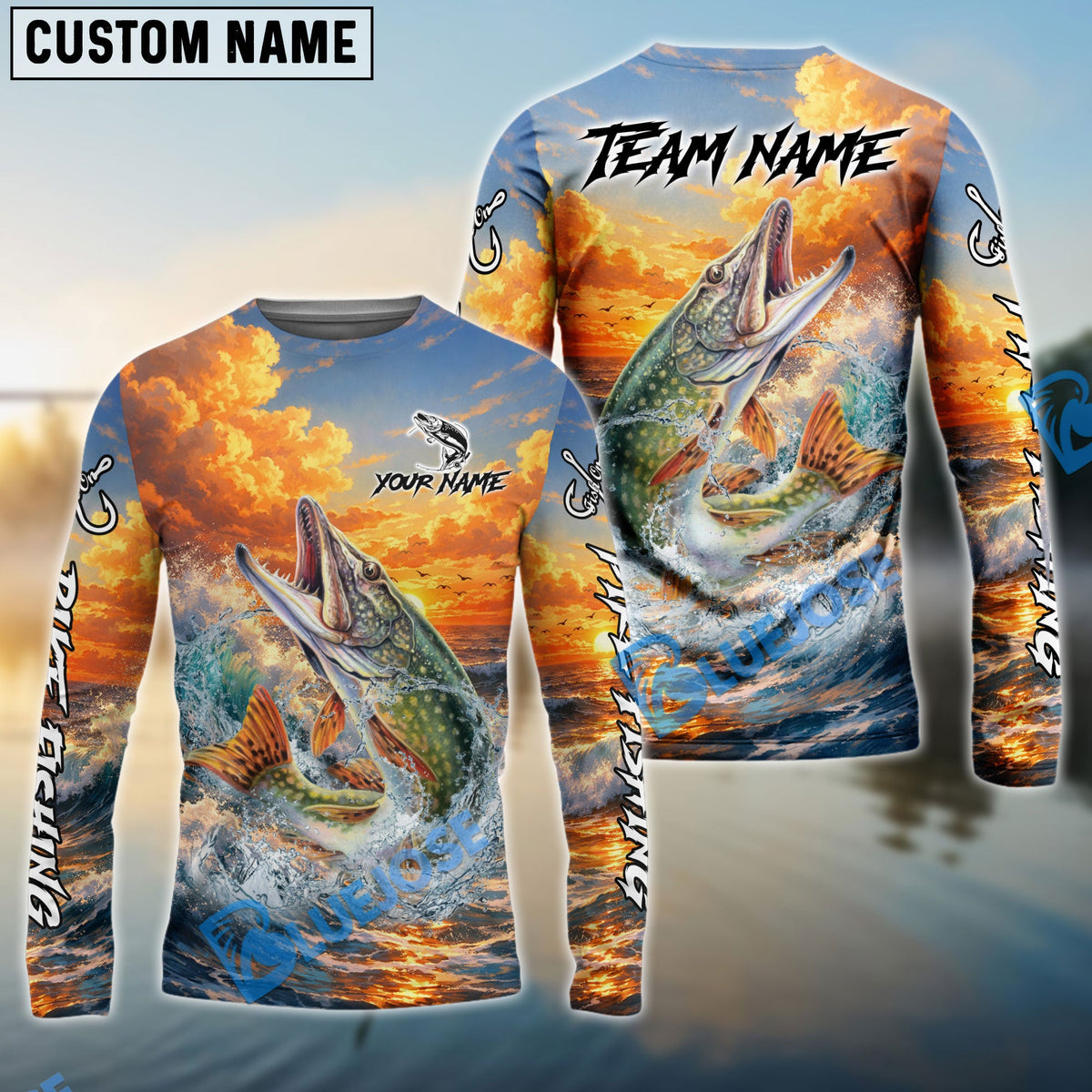BlueJose Pike Fishing Ocean Sunset Wave Custom Name & Team Name 3D Shirts