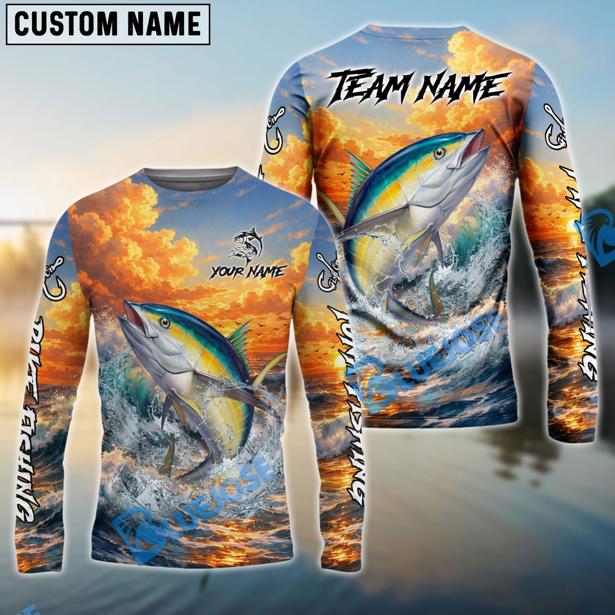 BlueJose Tuna Fishing Ocean Sunset Wave Custom Name & Team Name 3D Shirts