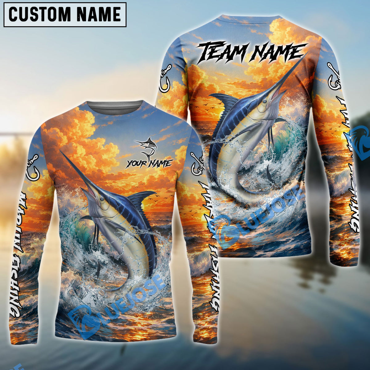 BlueJose Marlin Fishing Ocean Sunset Wave Custom Name & Team Name 3D Shirts