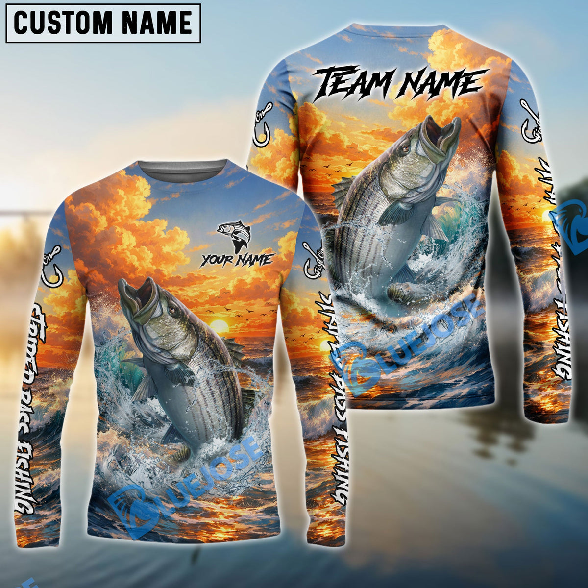 BlueJose Striped Bass Fishing Ocean Sunset Wave Custom Name & Team Name 3D Shirts
