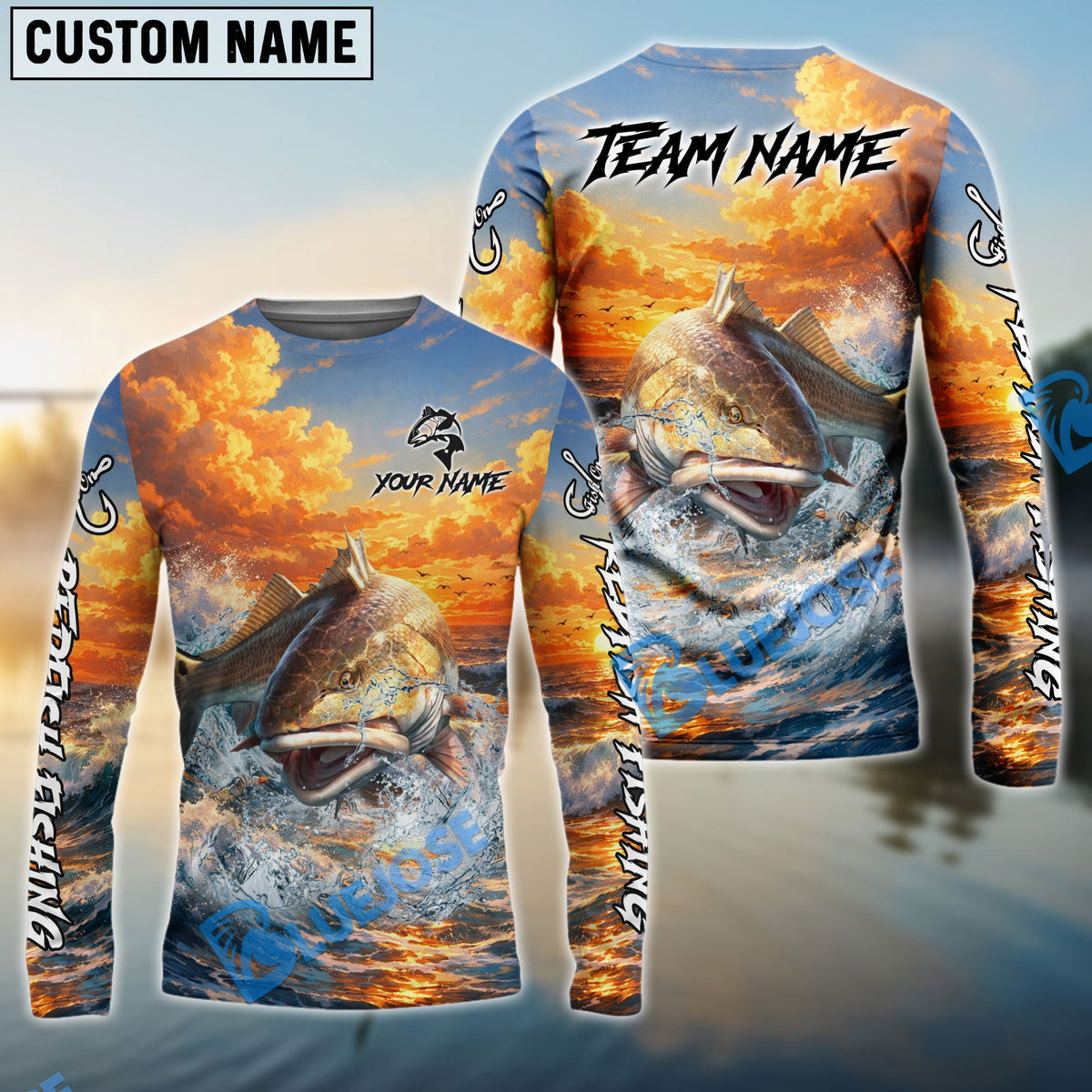 BlueJose Redfish Fishing Ocean Sunset Wave Custom Name & Team Name 3D Shirts