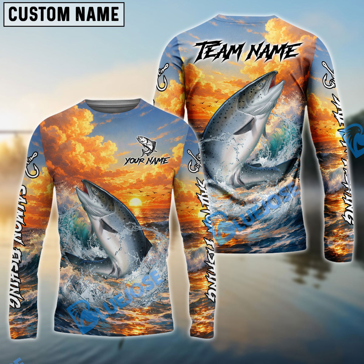 BlueJose Salmon Fishing Ocean Sunset Wave Custom Name & Team Name 3D Shirts