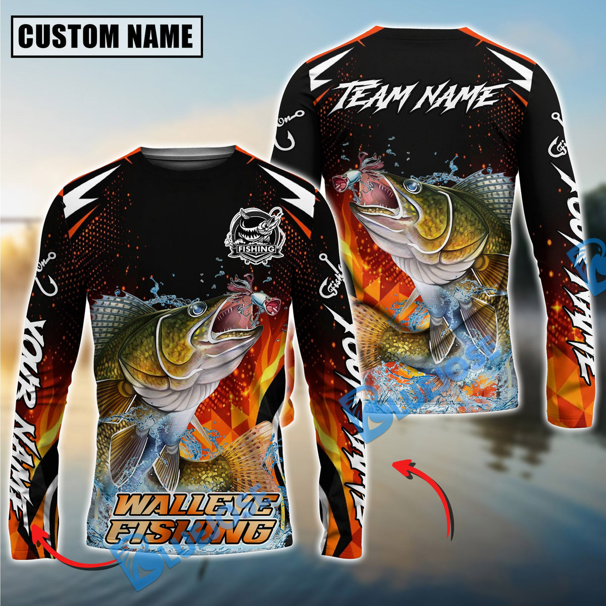 BlueJose Walleye Fishing Fire Touch Custom Name & Team Name 3D Shirts