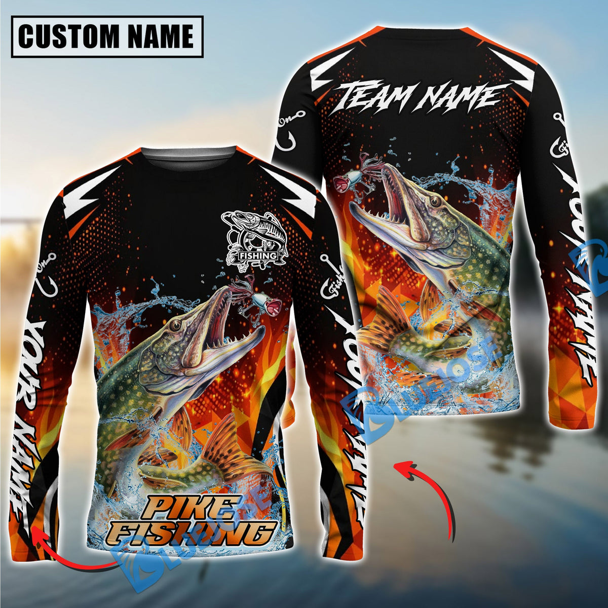 BlueJose Pike Fishing Fire Touch Custom Name & Team Name 3D Shirts