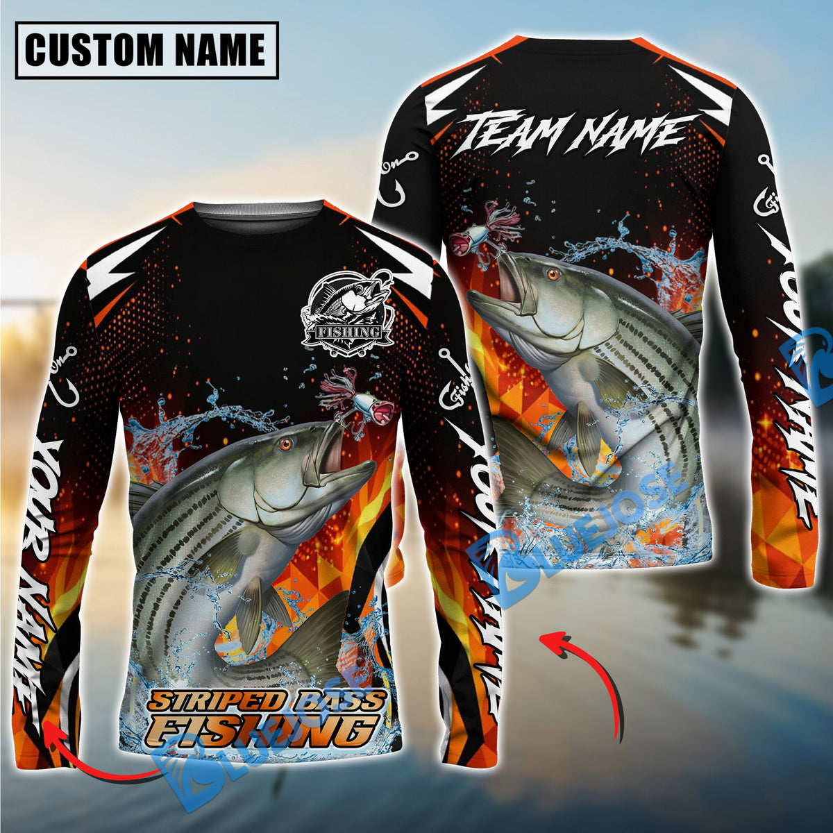BlueJose Striped Bass Fishing Fire Touch Custom Name & Team Name 3D Shirts