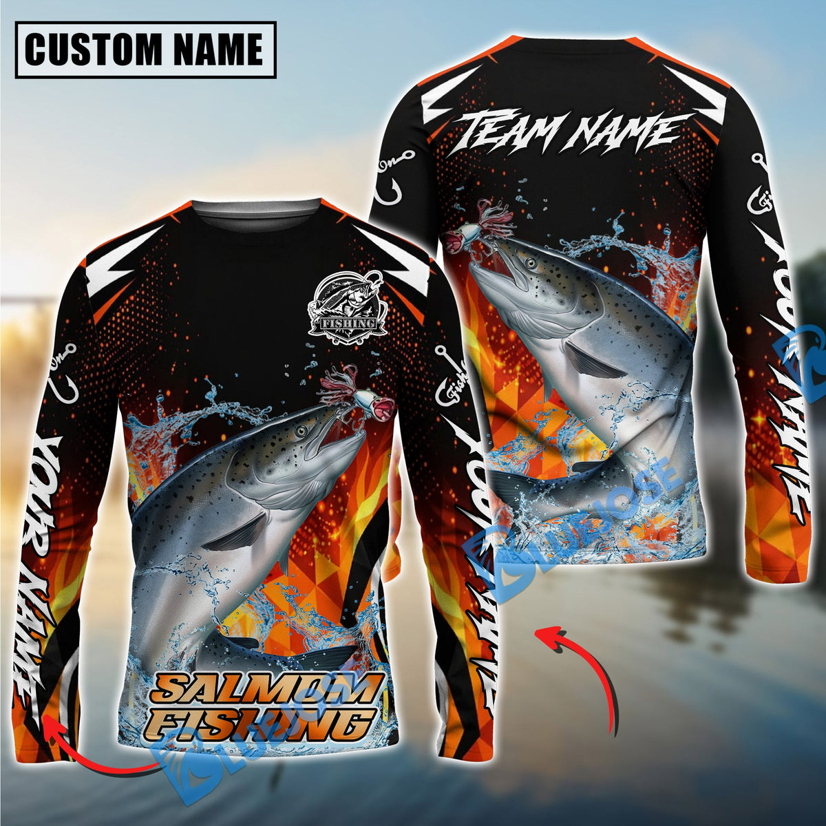 BlueJose Salmon Fishing Fire Touch Custom Name & Team Name 3D Shirts