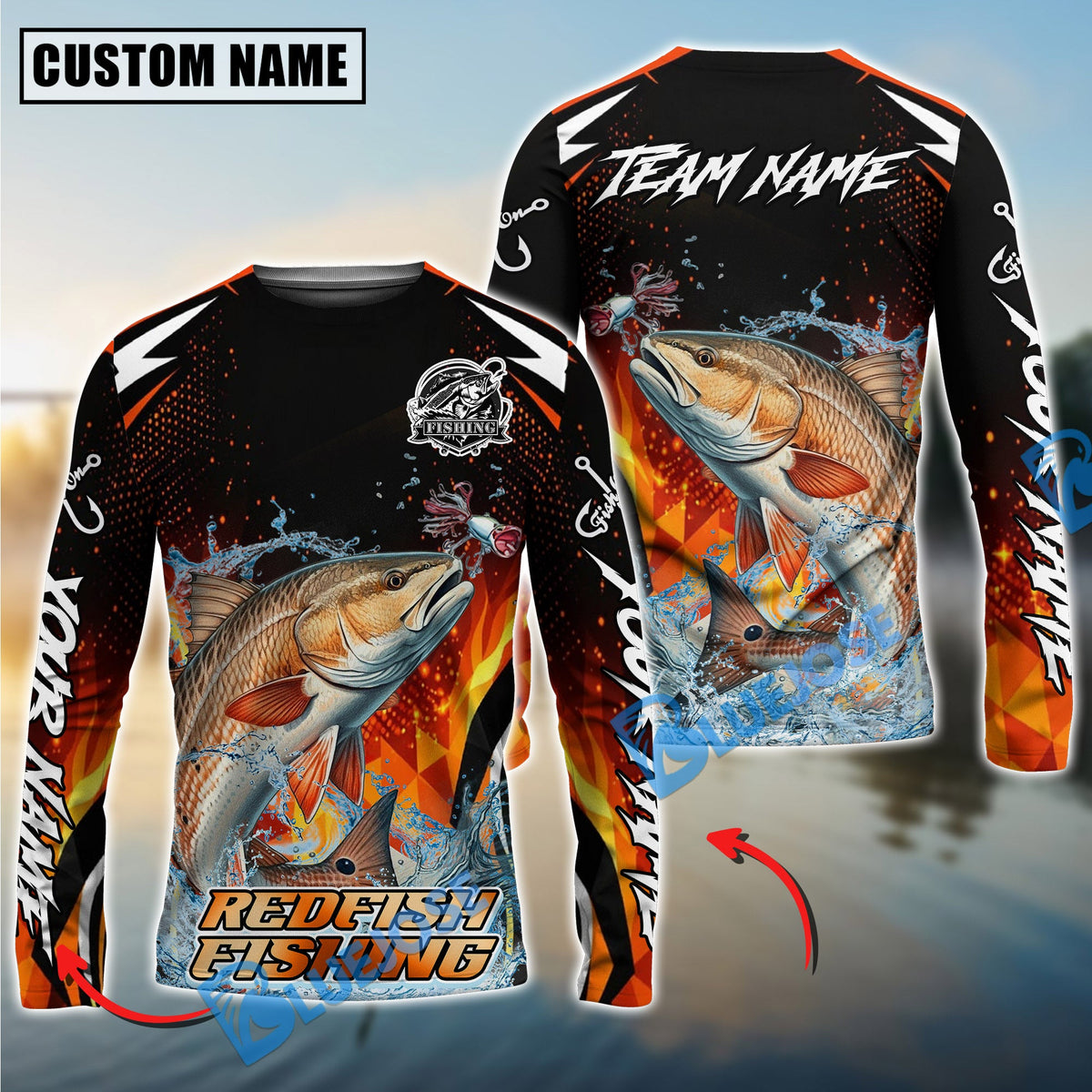BlueJose Redfish Fishing Fire Touch Custom Name & Team Name 3D Shirts