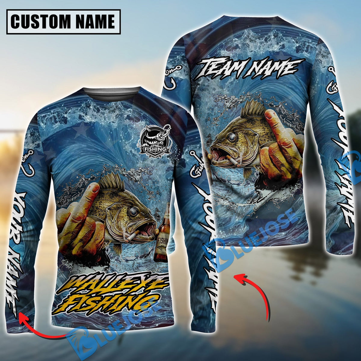 BlueJose Walleye Fishing Seawave Stinky Finger Smoking Beer Custom Name & Team Name 3D Shirts