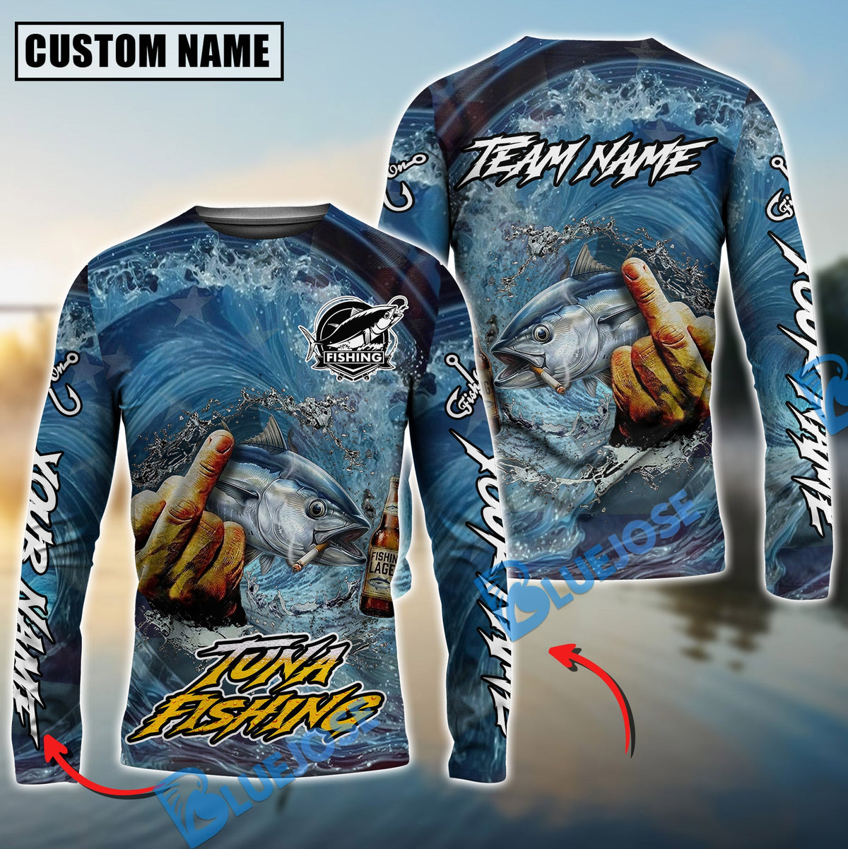 BlueJose Tuna Fishing Seawave Stinky Finger Smoking Beer Custom Name & Team Name 3D Shirts