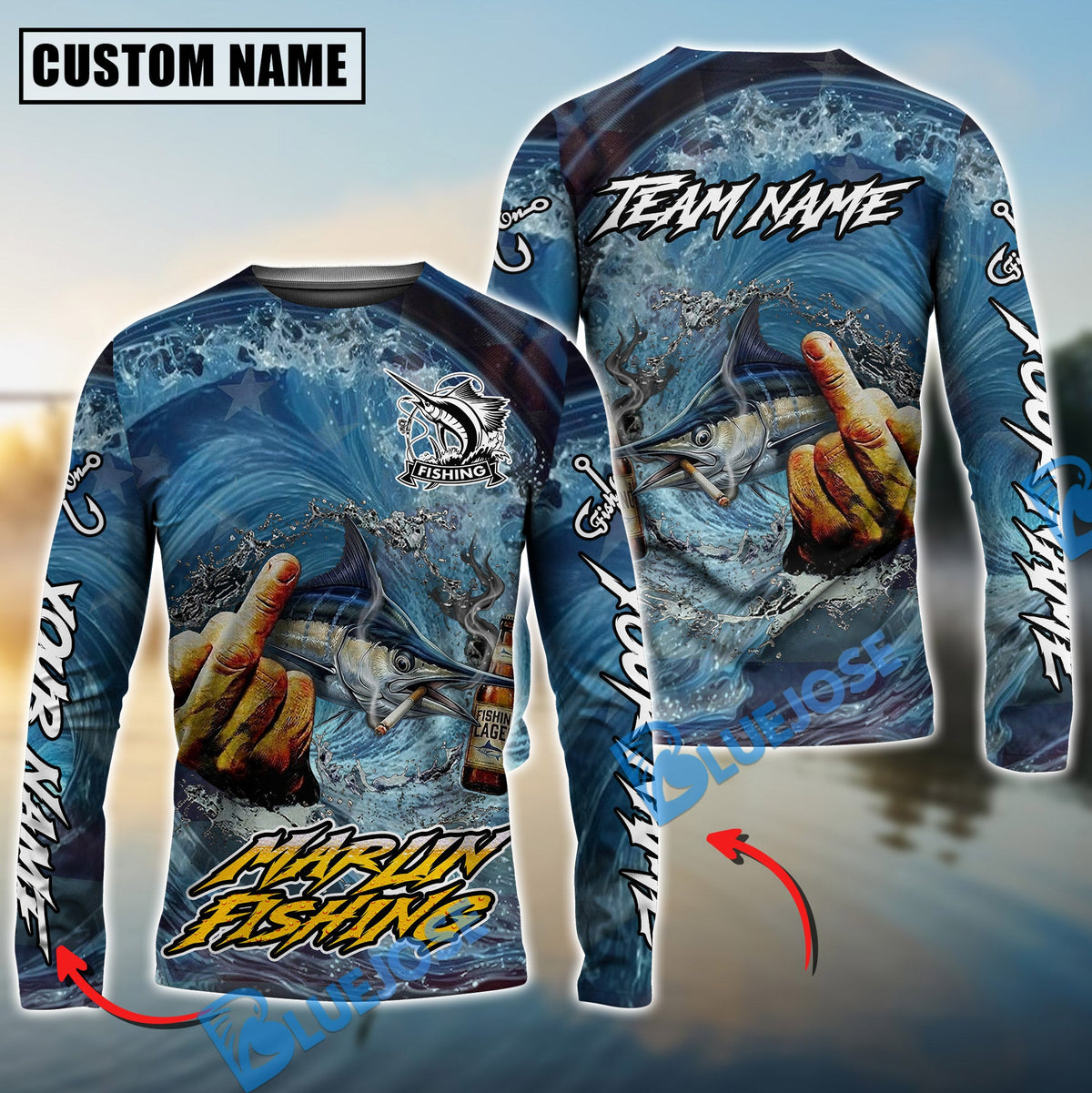 BlueJose Marlin Fishing Seawave Stinky Finger Smoking Beer Custom Name & Team Name 3D Shirts