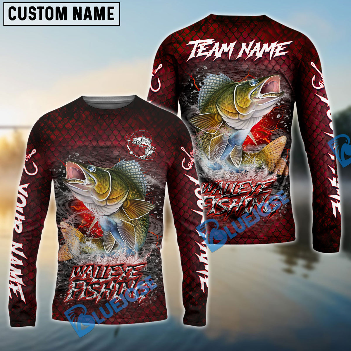 BlueJose Walleye Fishing Red Dragon Scale Lightning Custom Name & Team Name 3D Shirts