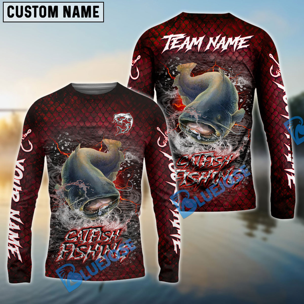 BlueJose Catfish Fishing Red Dragon Scale Lightning Custom Name & Team Name 3D Shirts