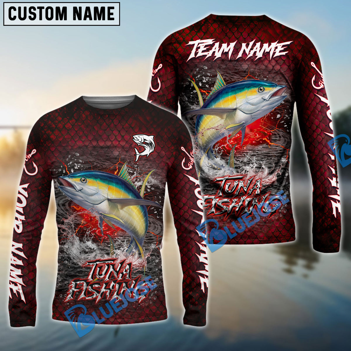 BlueJose Tuna Fishing Red Dragon Scale Lightning Custom Name & Team Name 3D Shirts