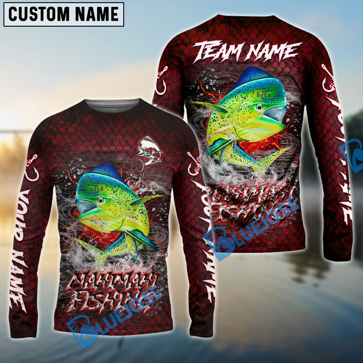 BlueJose Mahi-Mahi Fishing Red Dragon Scale Lightning Custom Name & Team Name 3D Shirts