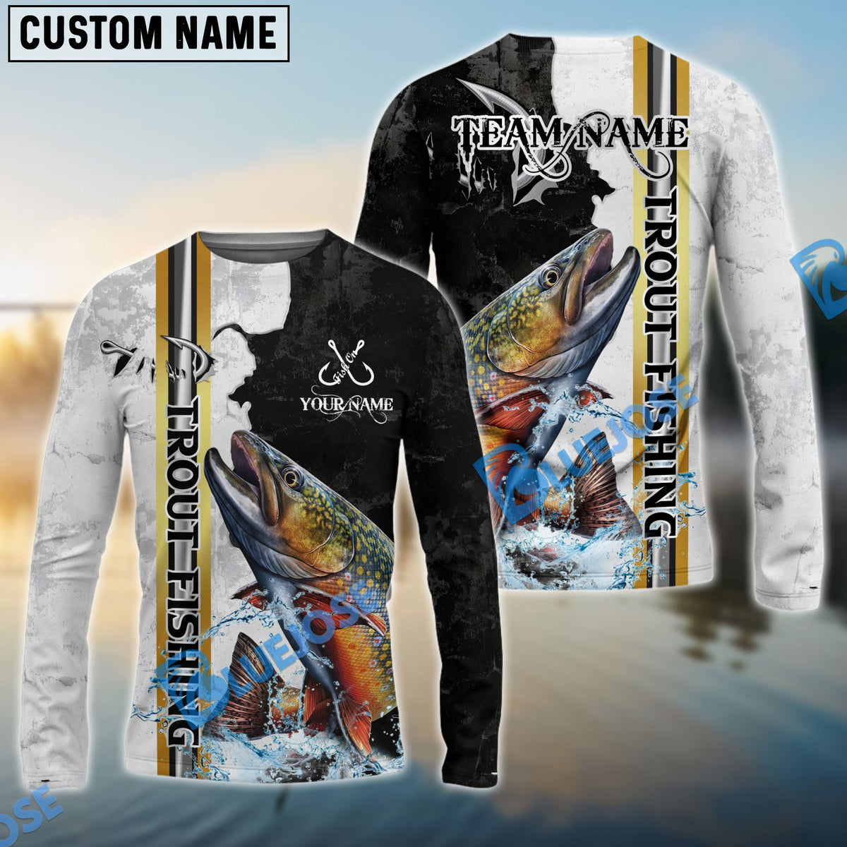 BlueJose Trout Fishing Split Grunge Splash Design Custom Name & Team Name 3D Shirts