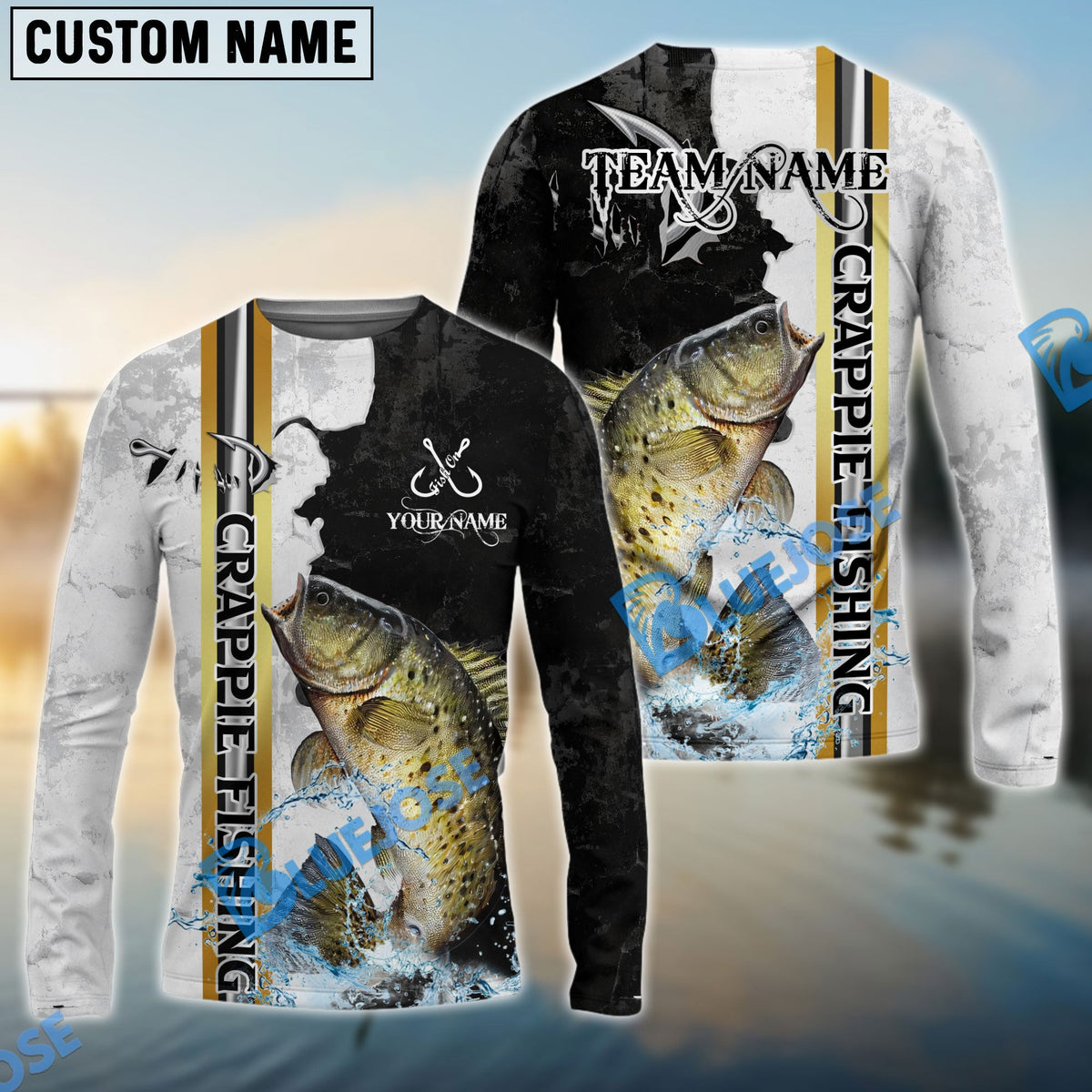 BlueJose Crappie Fishing Split Grunge Splash Design Custom Name & Team Name 3D Shirts
