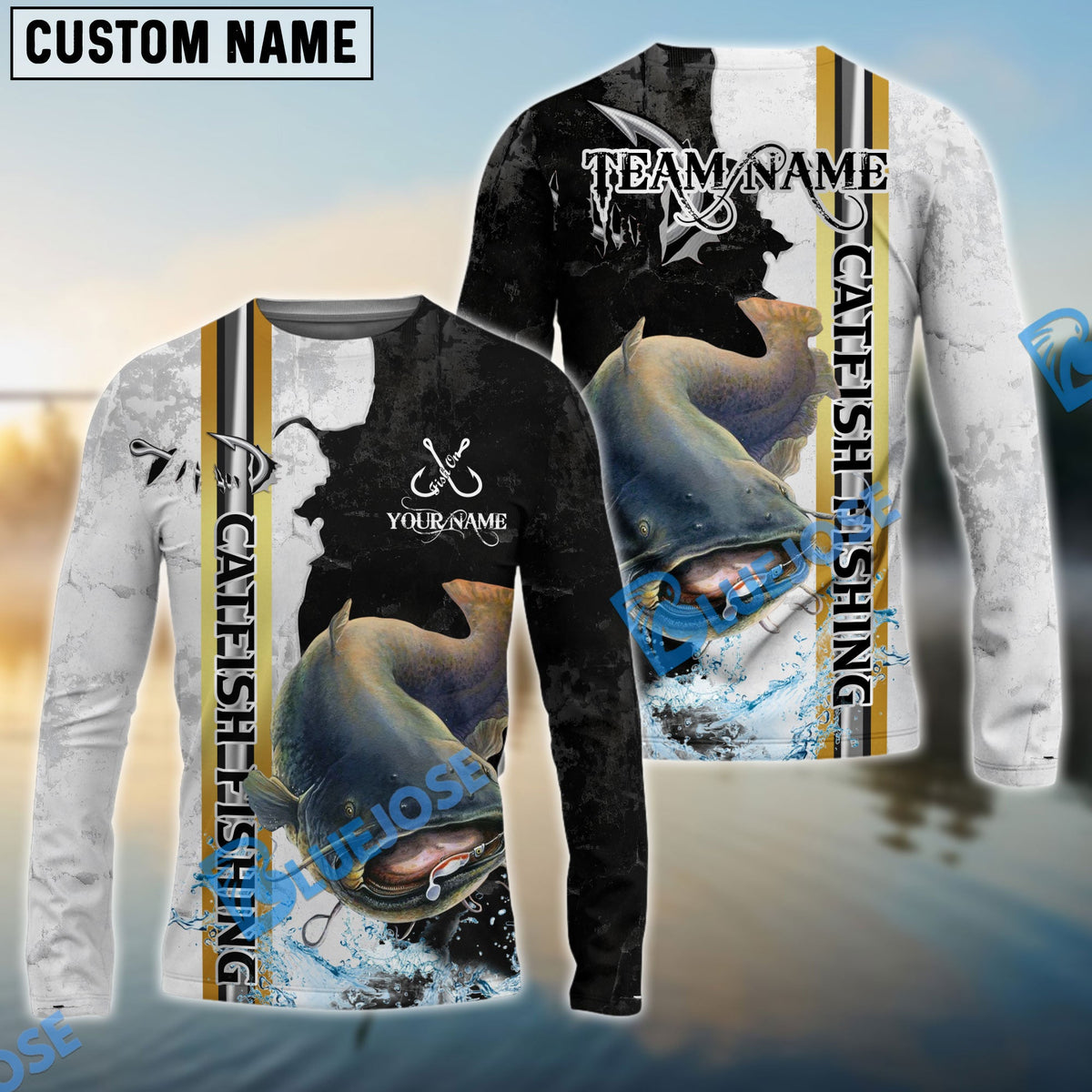 BlueJose Catfish Fishing Split Grunge Splash Design Custom Name & Team Name 3D Shirts