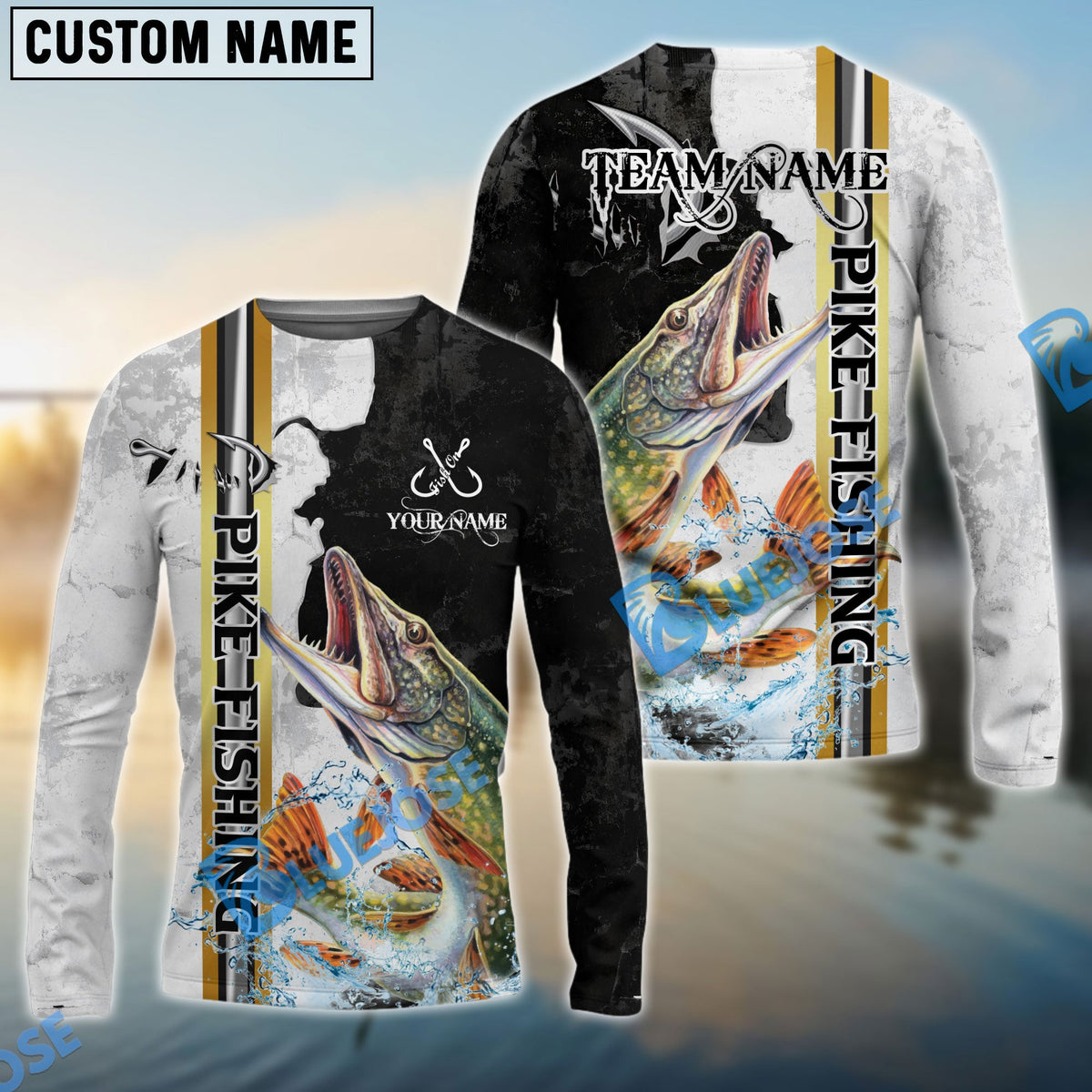 BlueJose Pike Fishing Split Grunge Splash Design Custom Name & Team Name 3D Shirts