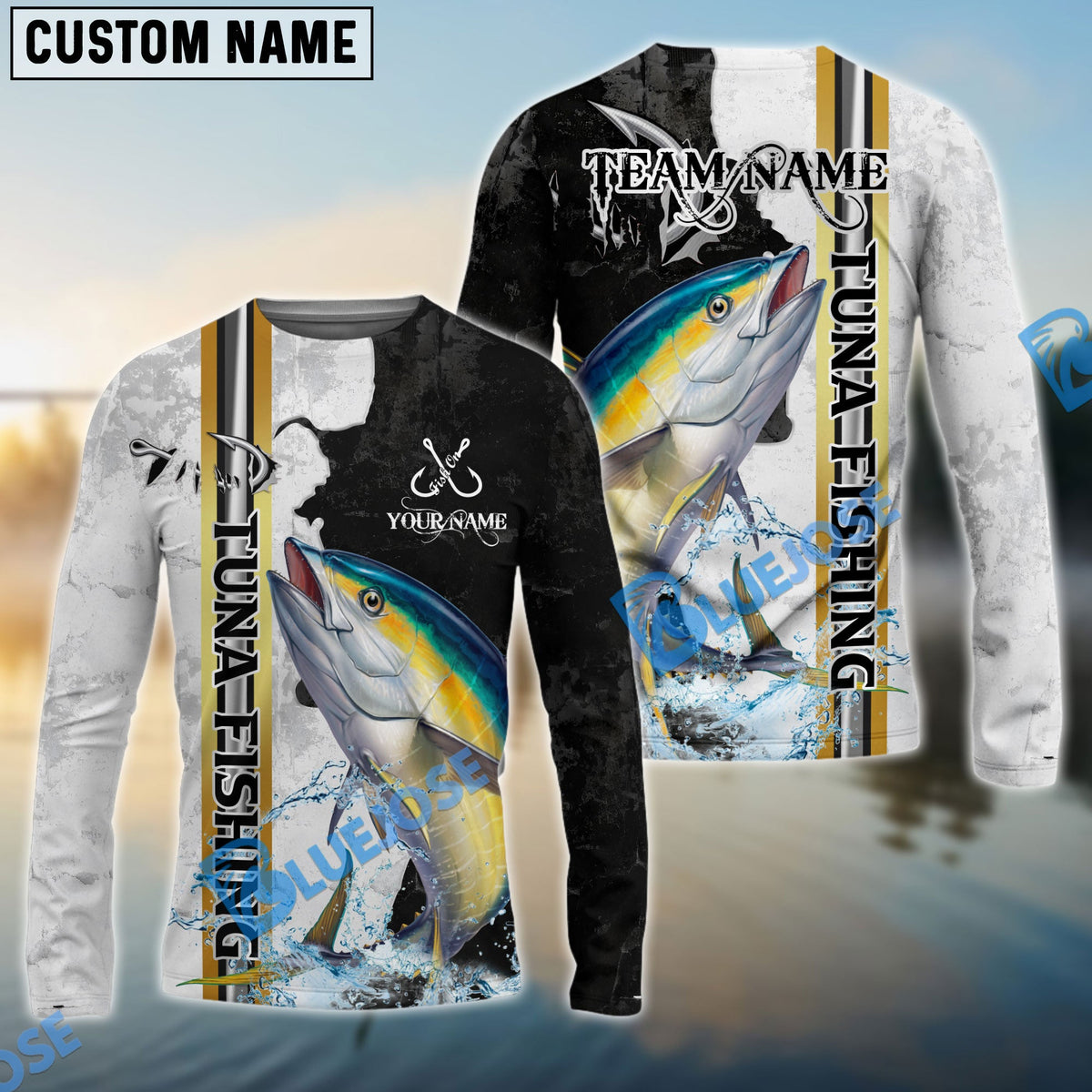 BlueJose Tuna Fishing Split Grunge Splash Design Custom Name & Team Name 3D Shirts
