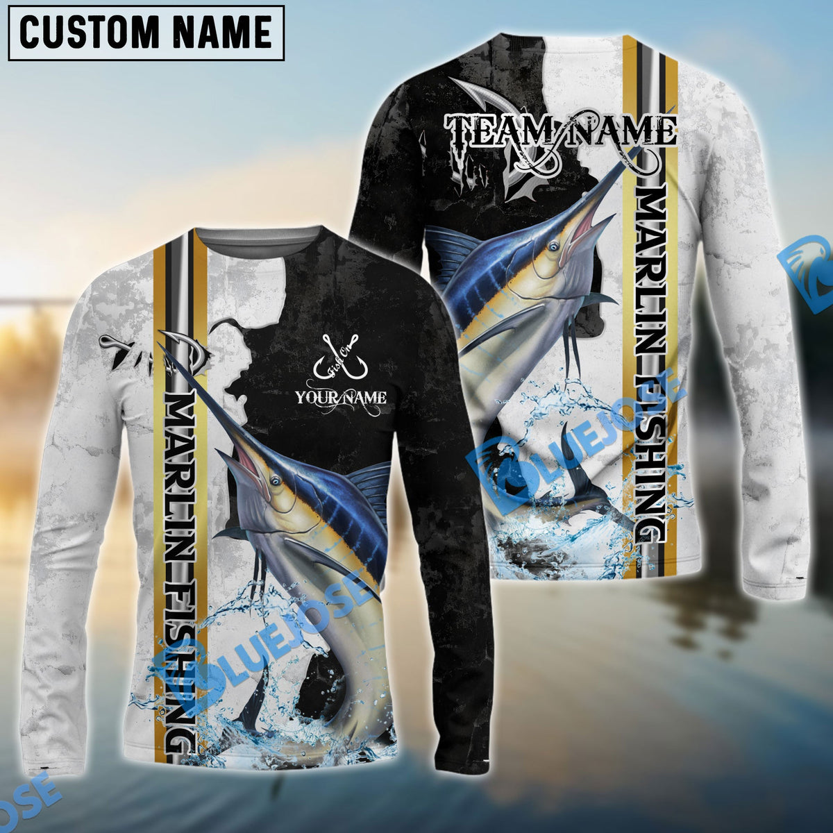 BlueJose Marlin Fishing Split Grunge Splash Design Custom Name & Team Name 3D Shirts