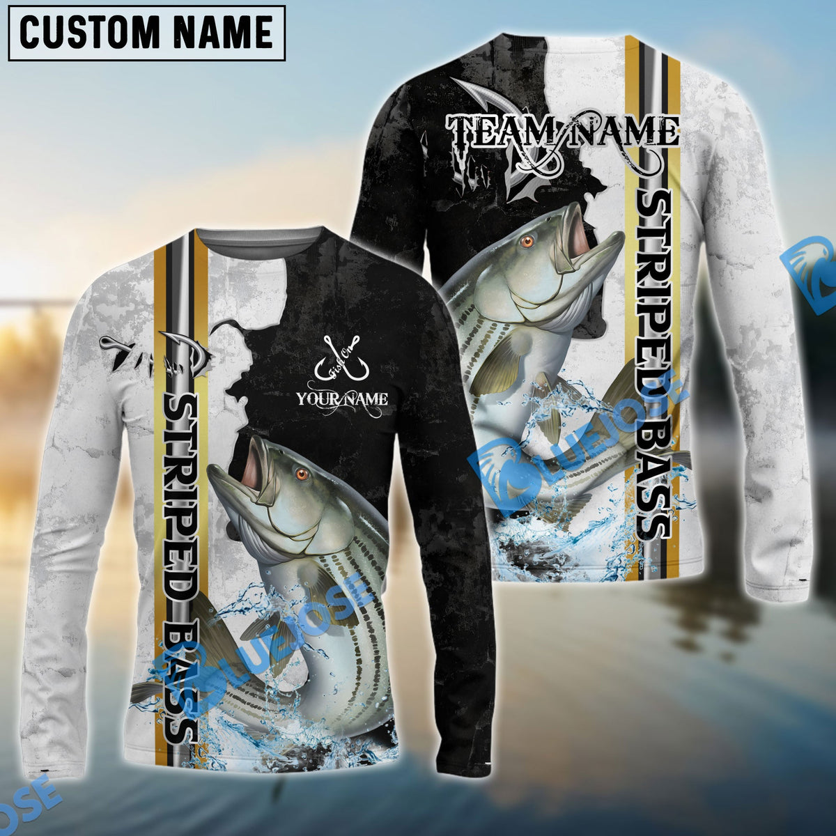 BlueJose Striped Bass Fishing Split Grunge Splash Design Custom Name & Team Name 3D Shirts