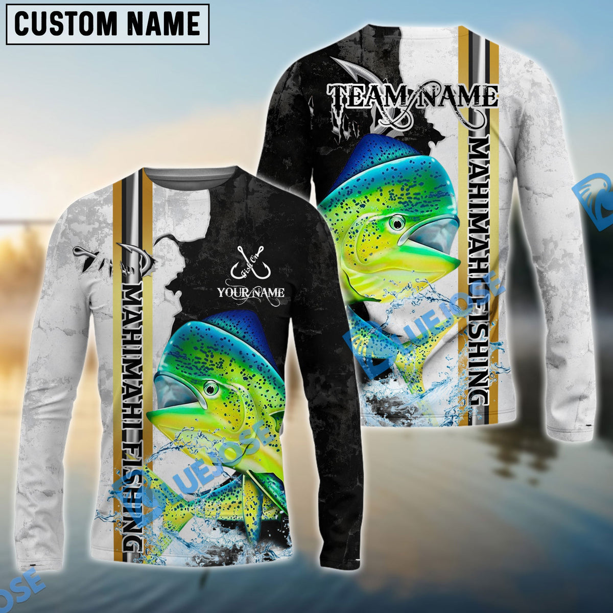 BlueJose Mahi-Mahi Fishing Split Grunge Splash Design Custom Name & Team Name 3D Shirts