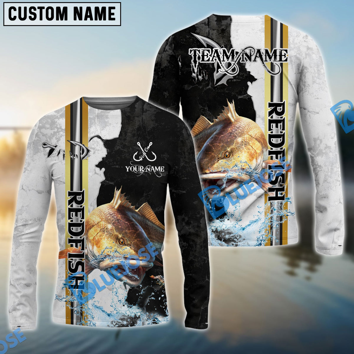 BlueJose Redfish Fishing Split Grunge Splash Design Custom Name & Team Name 3D Shirts