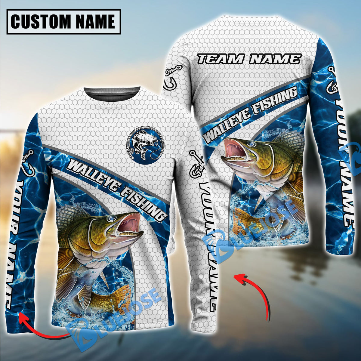 BlueJose Walleye Fishing Honeycomb Electric Water Splash Custom Name & Team Name 3D Shirts