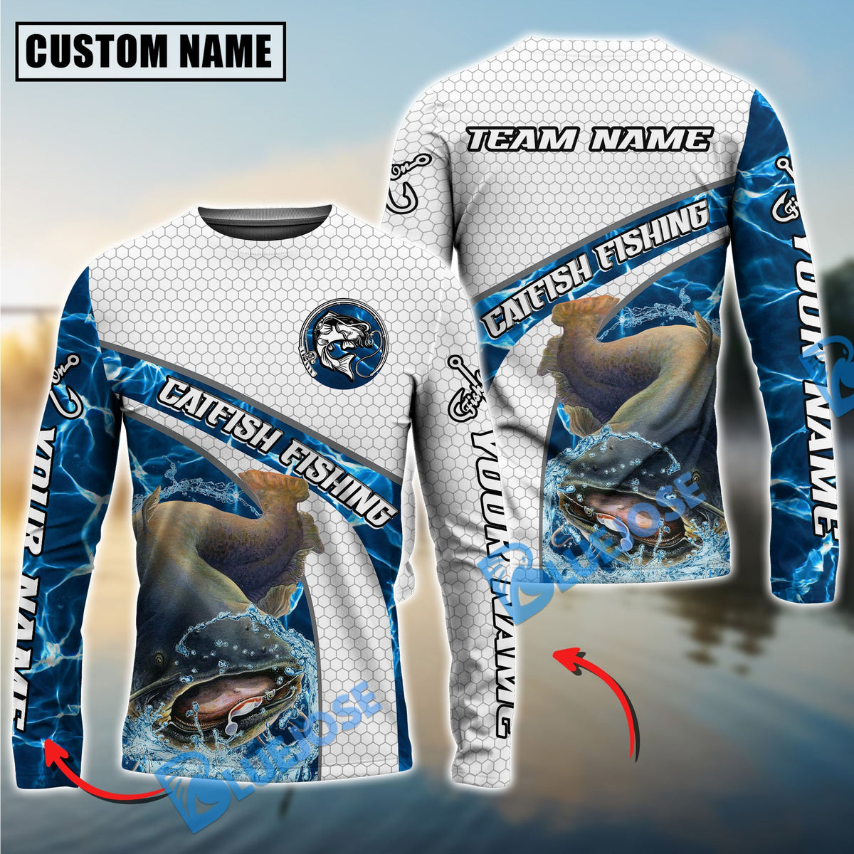 BlueJose Catfish Fishing Honeycomb Electric Water Splash Custom Name & Team Name 3D Shirts