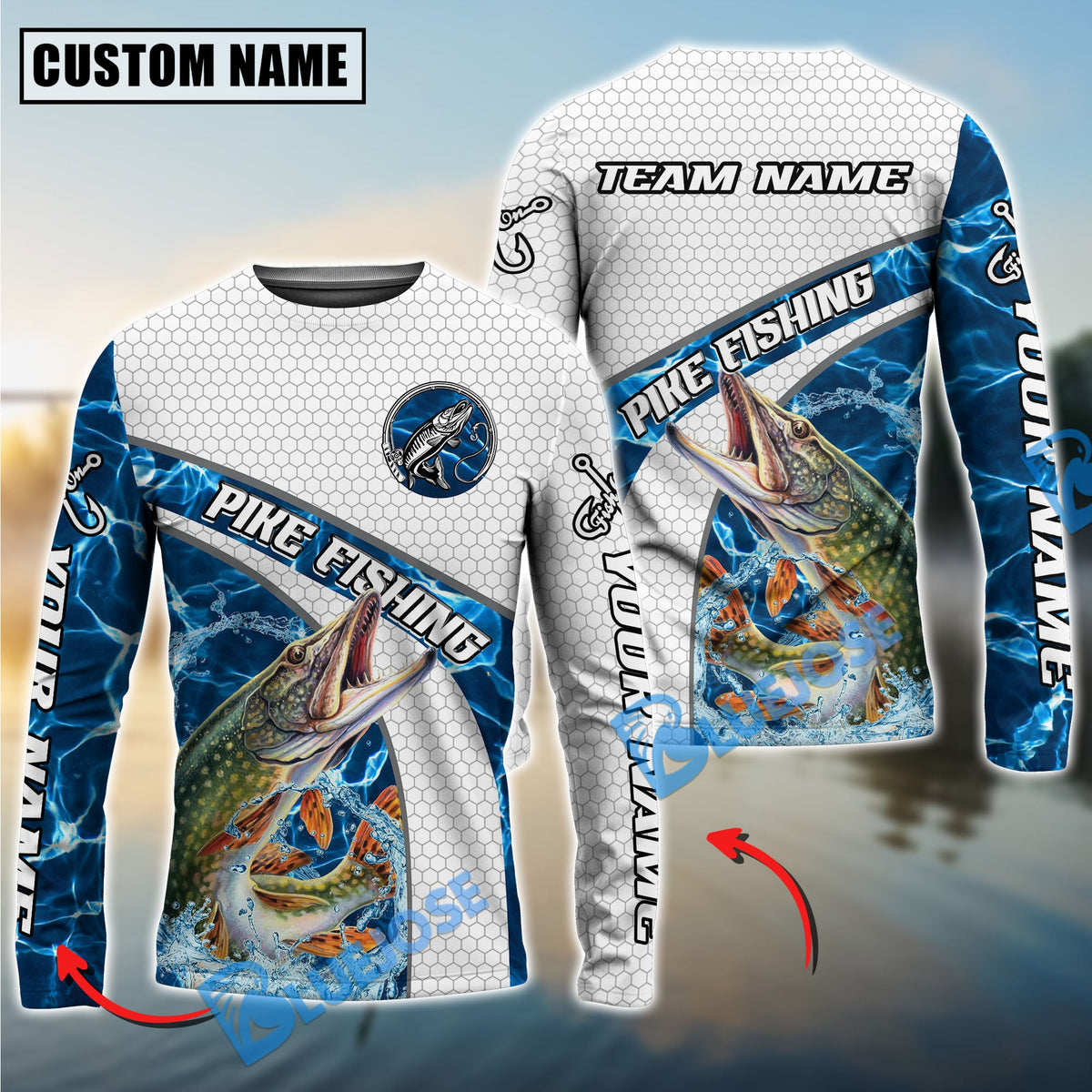 BlueJose Pike Fishing Honeycomb Electric Water Splash Custom Name & Team Name 3D Shirts
