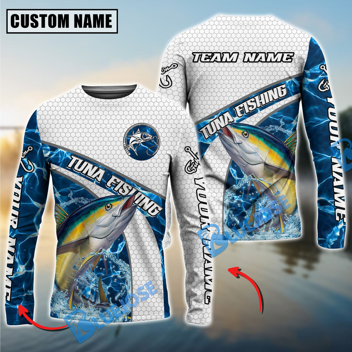 BlueJose Tuna Fishing Honeycomb Electric Water Splash Custom Name & Team Name 3D Shirts