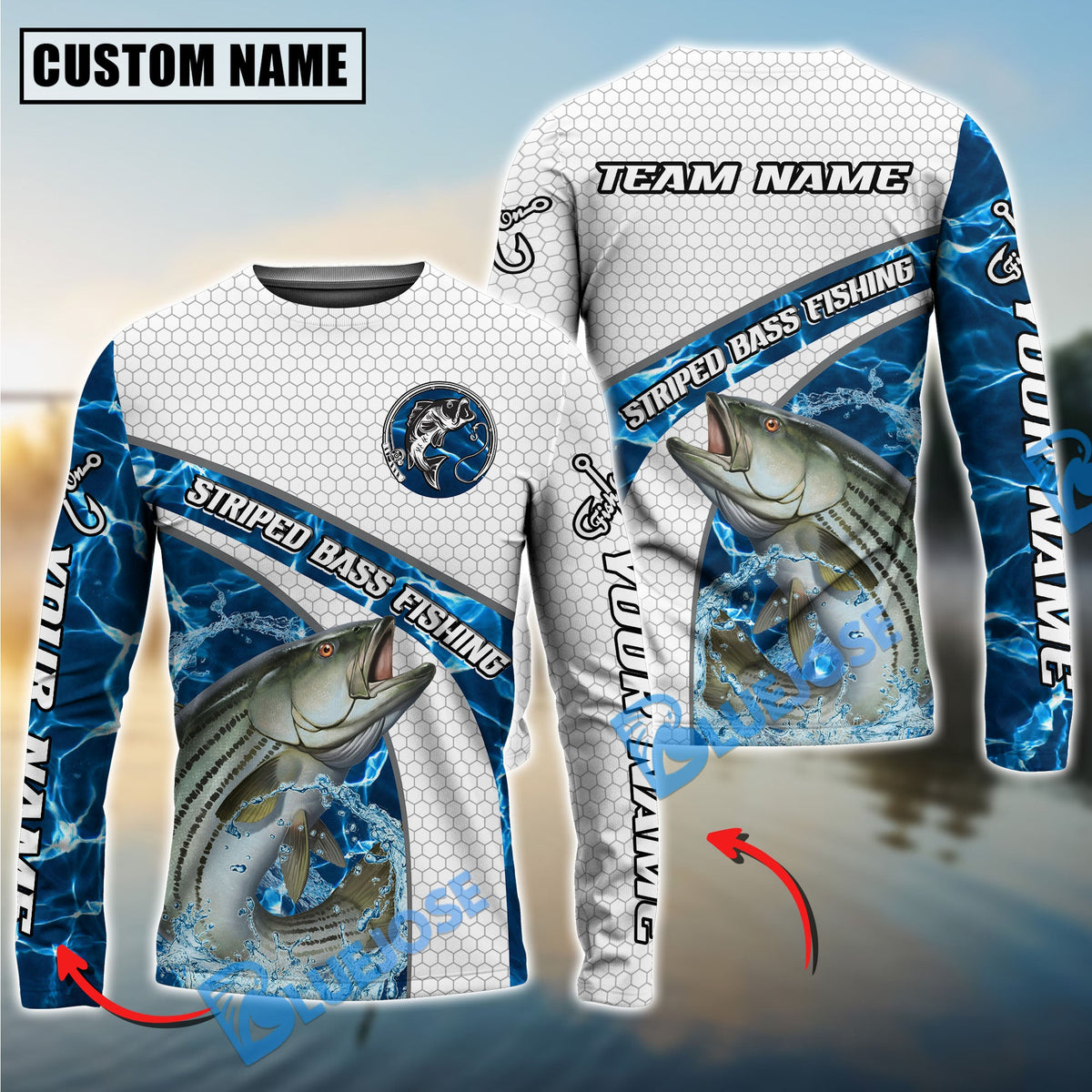 BlueJose Striped Bass Fishing Honeycomb Electric Water Splash Custom Name & Team Name 3D Shirts