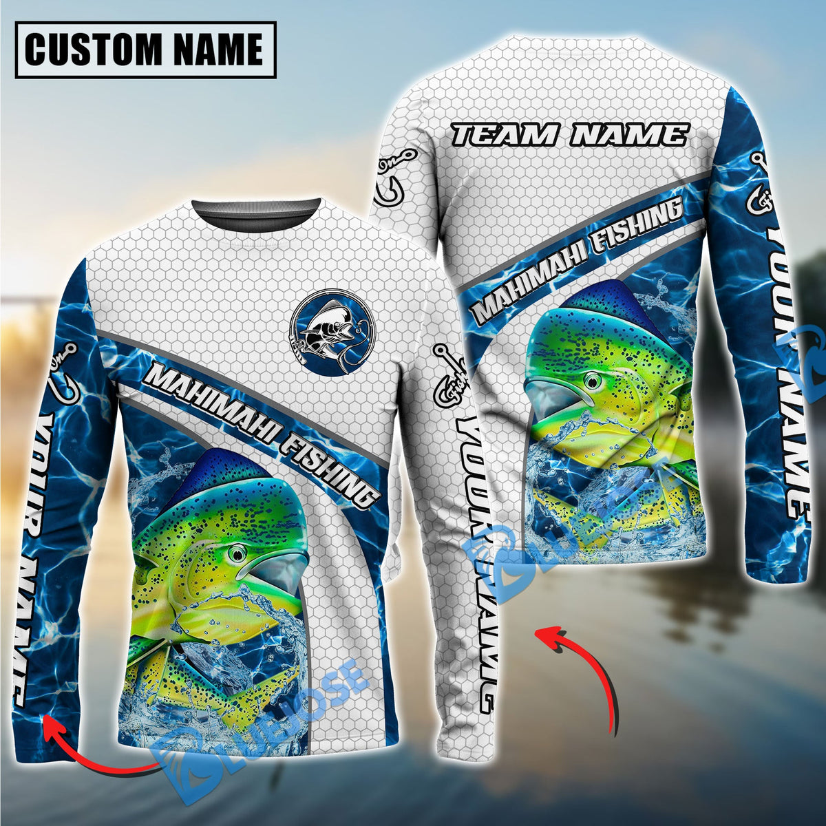 BlueJose Mahi-Mahi Fishing Honeycomb Electric Water Splash Custom Name & Team Name 3D Shirts