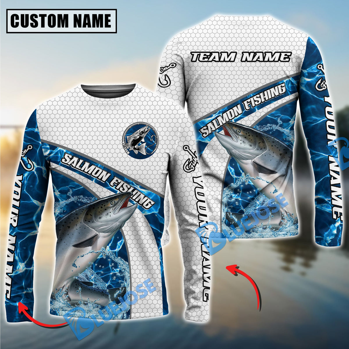 BlueJose Salmon Fishing Honeycomb Electric Water Splash Custom Name & Team Name 3D Shirts