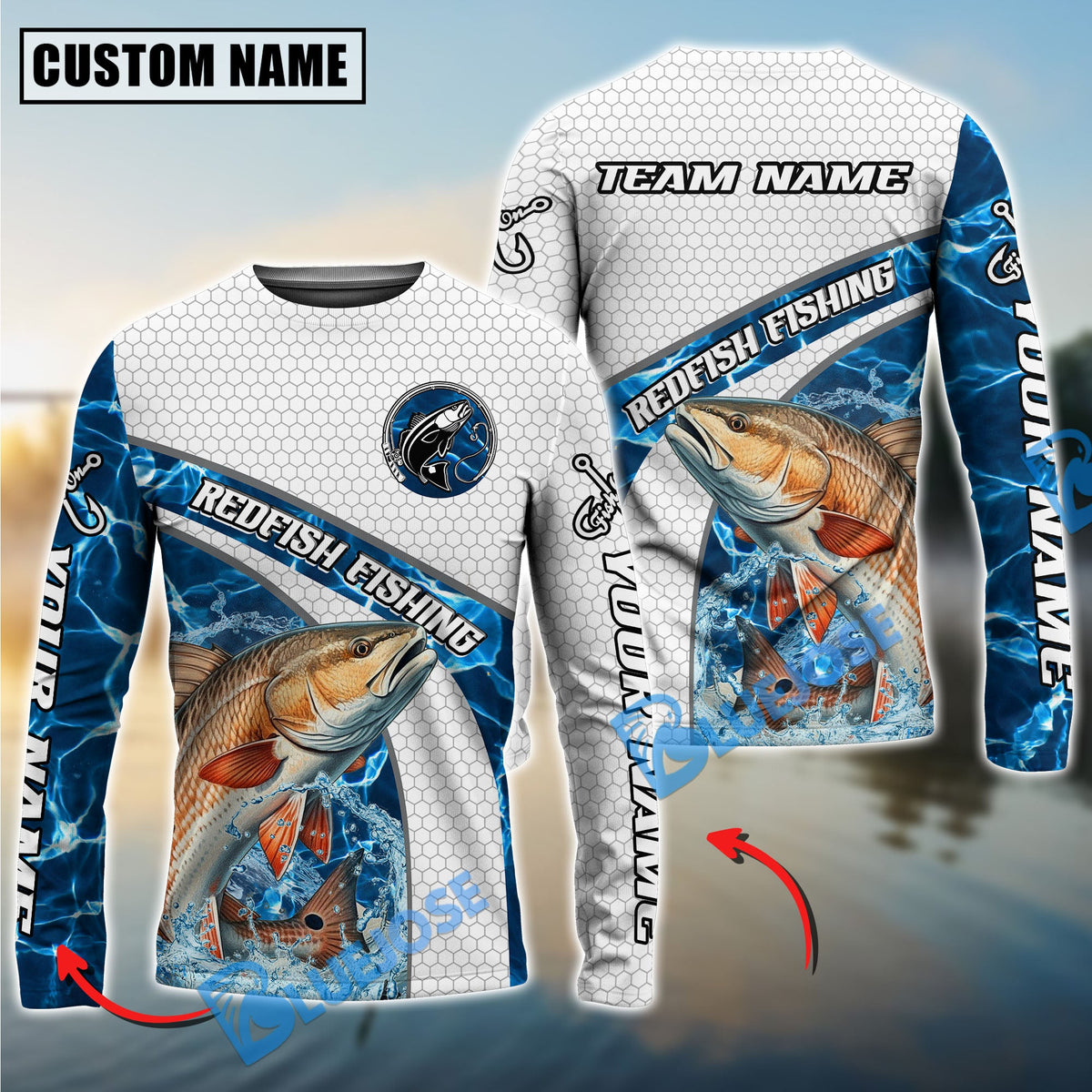 BlueJose Redfish Fishing Honeycomb Electric Water Splash Custom Name & Team Name 3D Shirts