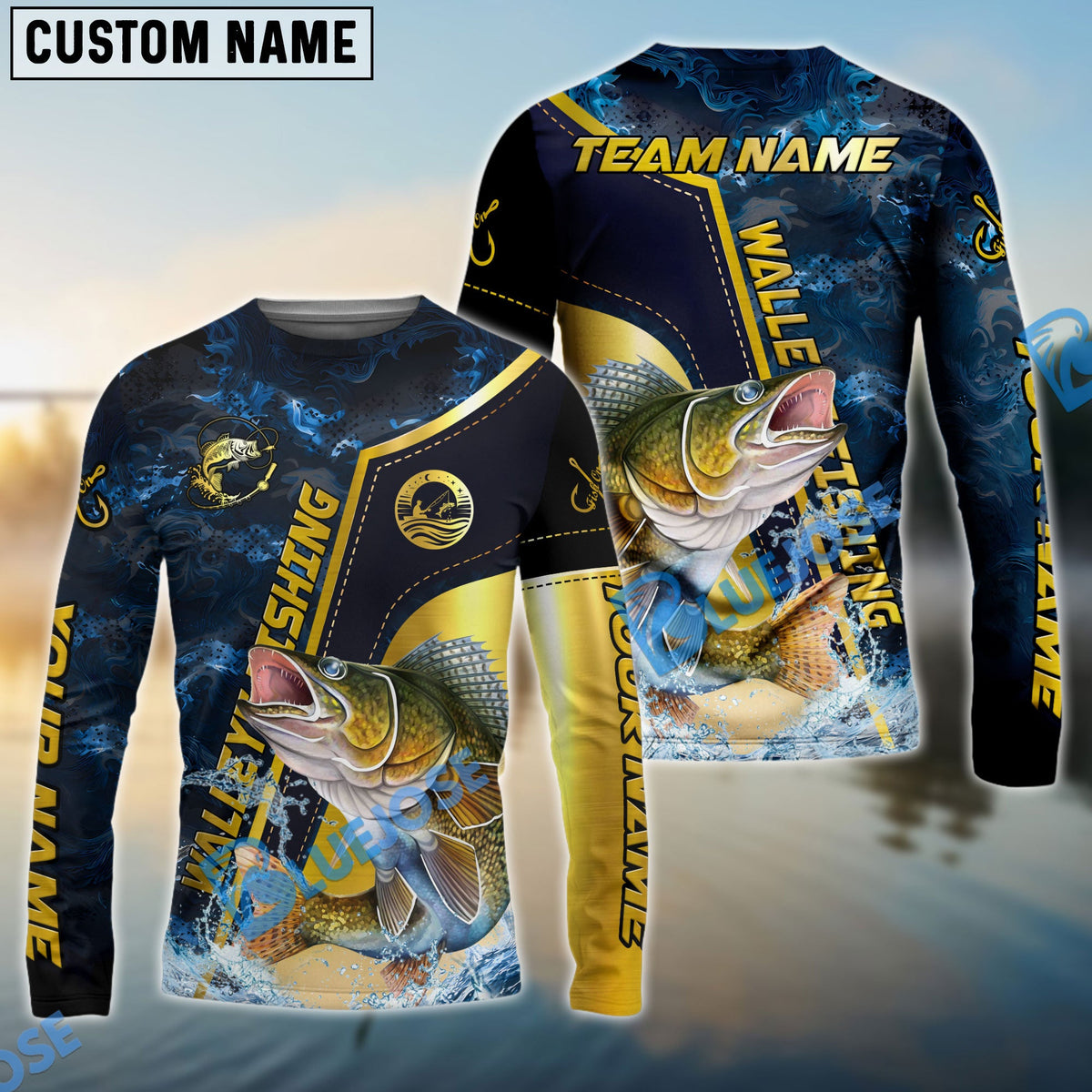 BlueJose Walleye Fishing Ocean Wave Gold Luxury Pattern Custom Name & Team Name 3D Shirts