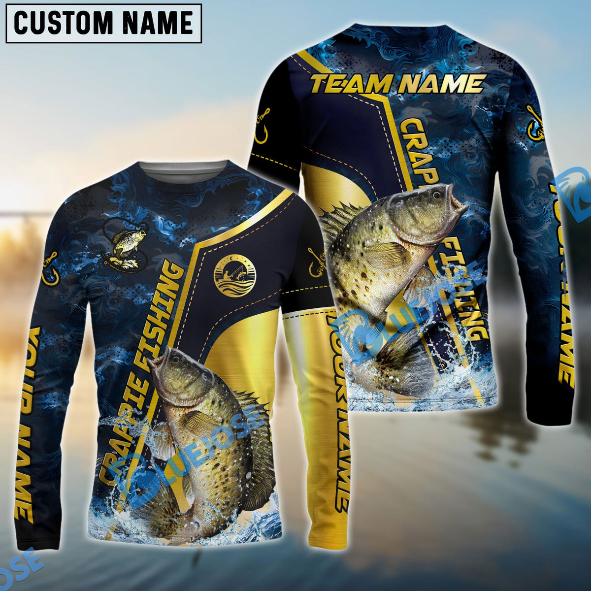 BlueJose Crappie Fishing Ocean Wave Gold Luxury Pattern Custom Name & Team Name 3D Shirts