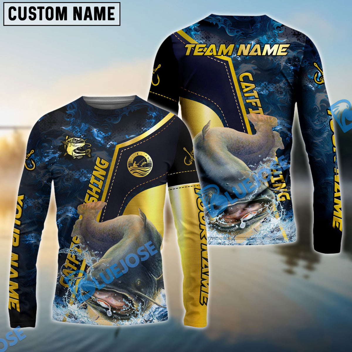 BlueJose Catfish Fishing Ocean Wave Gold Luxury Pattern Custom Name & Team Name 3D Shirts