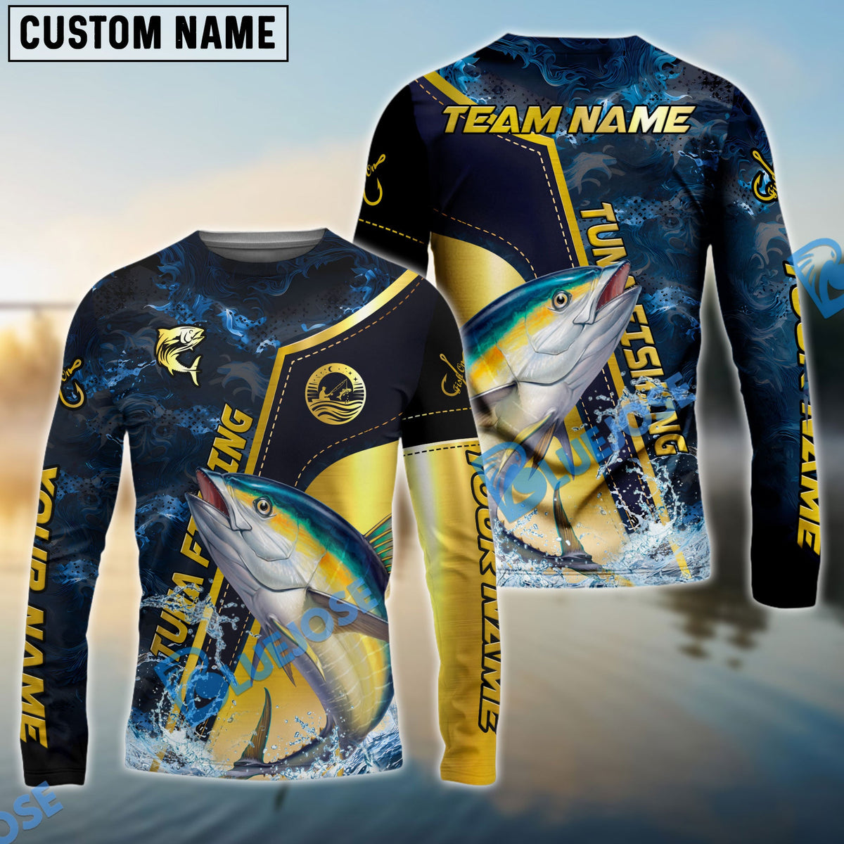 BlueJose Tuna Fishing Ocean Wave Gold Luxury Pattern Custom Name & Team Name 3D Shirts