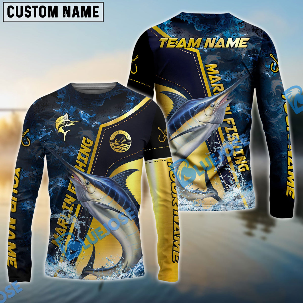 BlueJose Marlin Fishing Ocean Wave Gold Luxury Pattern Custom Name & Team Name 3D Shirts
