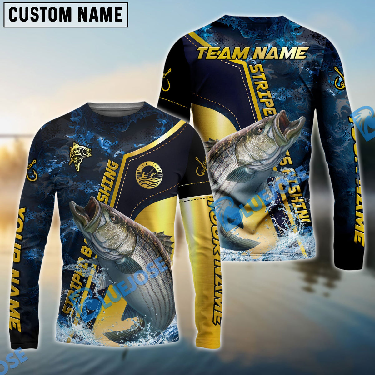 BlueJose Striped Bass Fishing Ocean Wave Gold Luxury Pattern Custom Name & Team Name 3D Shirts