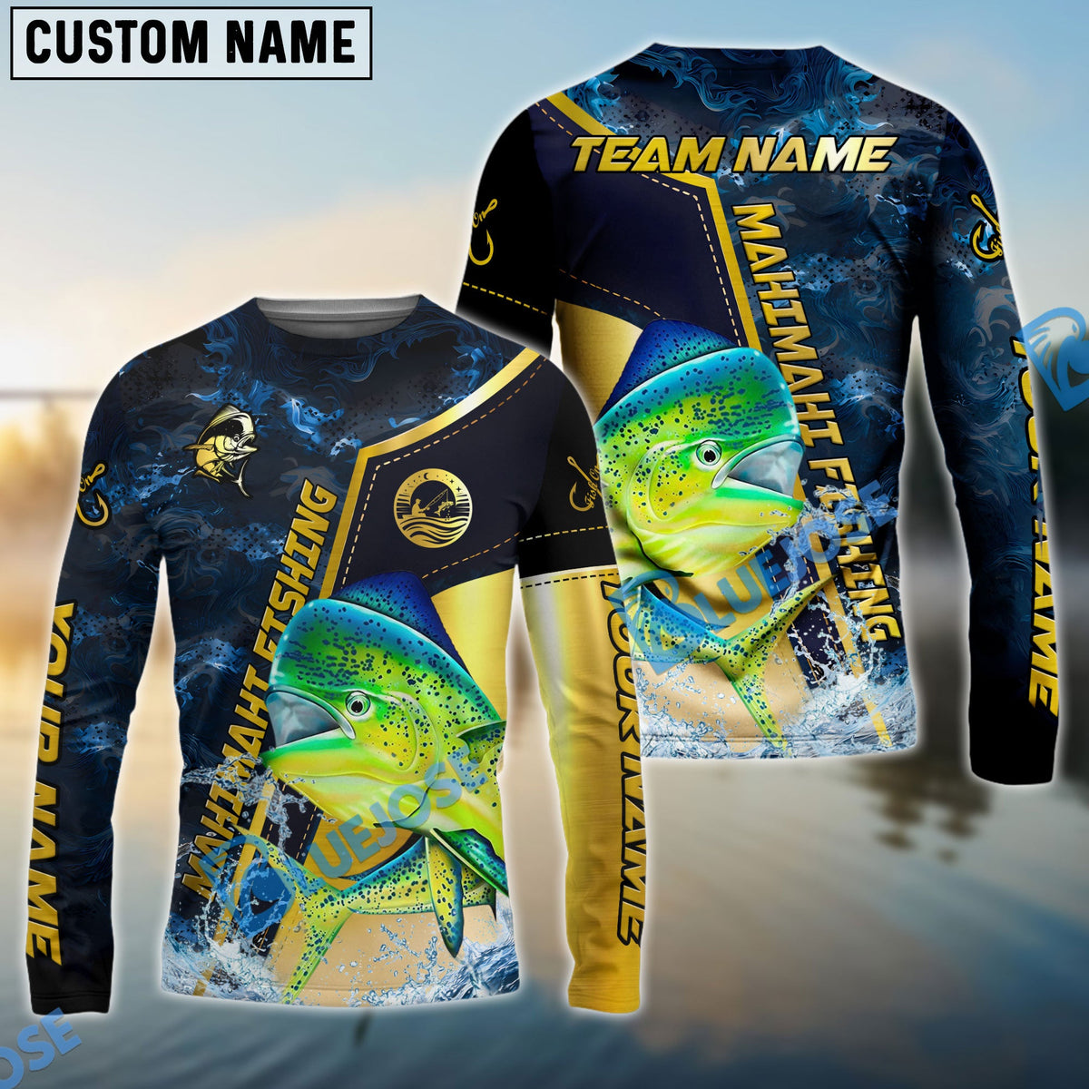 BlueJose Mahi-Mahi Fishing Ocean Wave Gold Luxury Pattern Custom Name & Team Name 3D Shirts