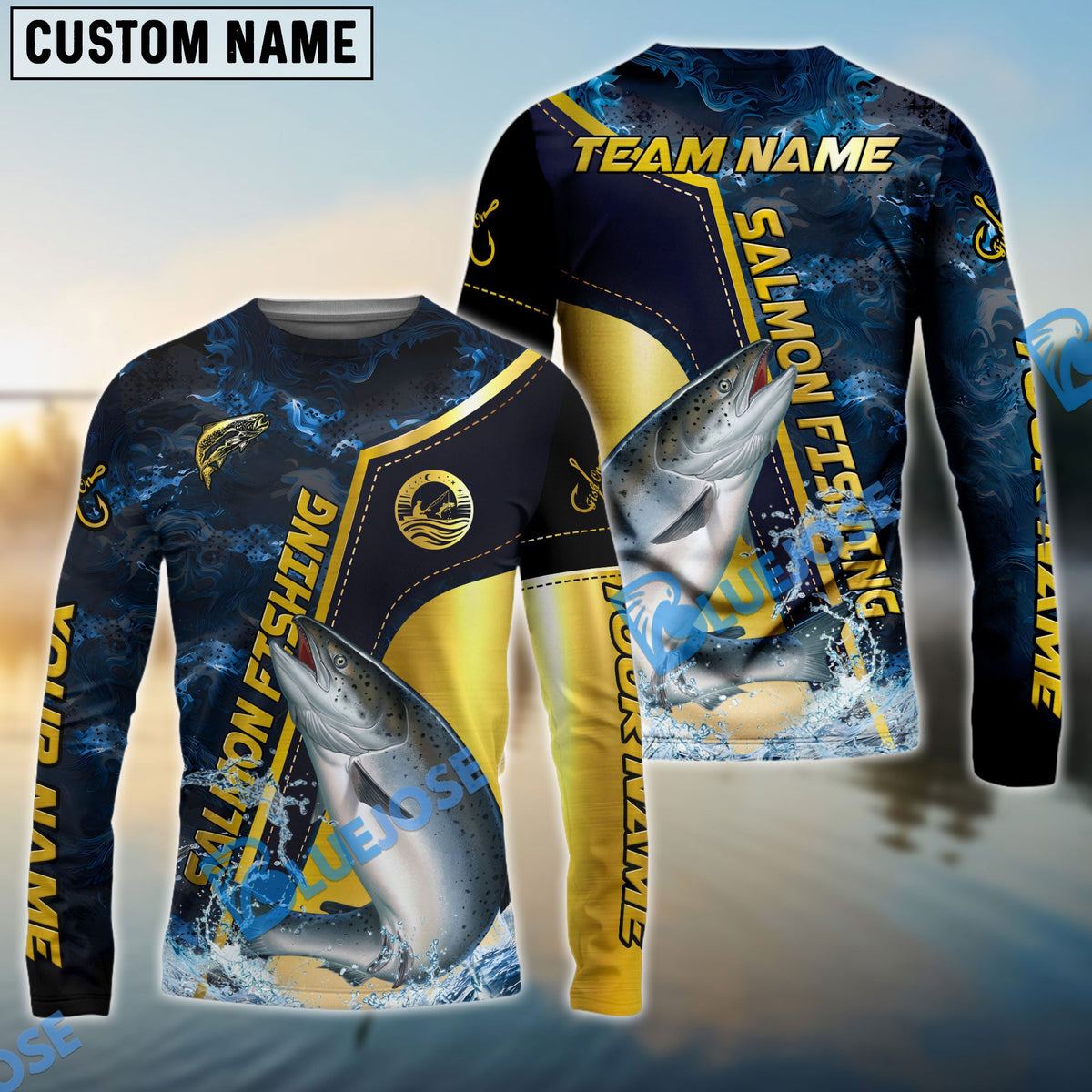 BlueJose Salmon Fishing Ocean Wave Gold Luxury Pattern Custom Name & Team Name 3D Shirts