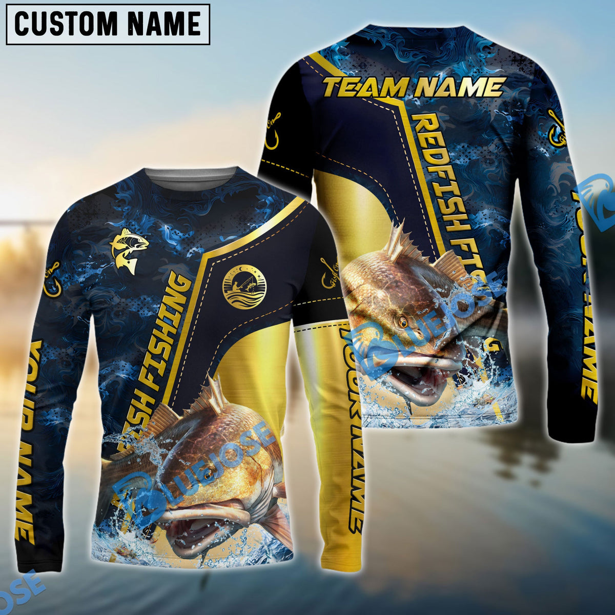BlueJose Redfish Fishing Ocean Wave Gold Luxury Pattern Custom Name & Team Name 3D Shirts