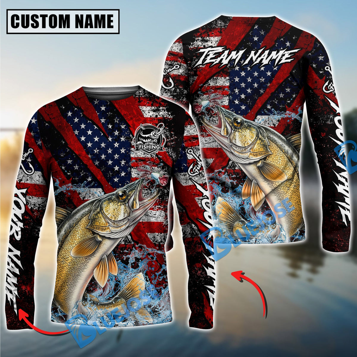 BlueJose Walleye Fishing American Flag Grunge Red Scratch Custom Name & Team Name 3D Shirts