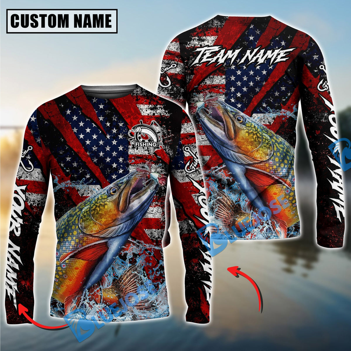BlueJose Trout Fishing American Flag Grunge Red Scratch Custom Name & Team Name 3D Shirts
