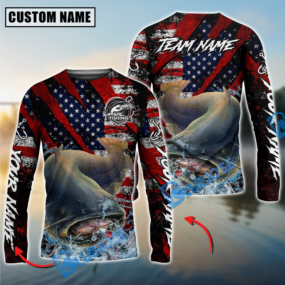 BlueJose Catfish Fishing American Flag Grunge Red Scratch Custom Name & Team Name 3D Shirts