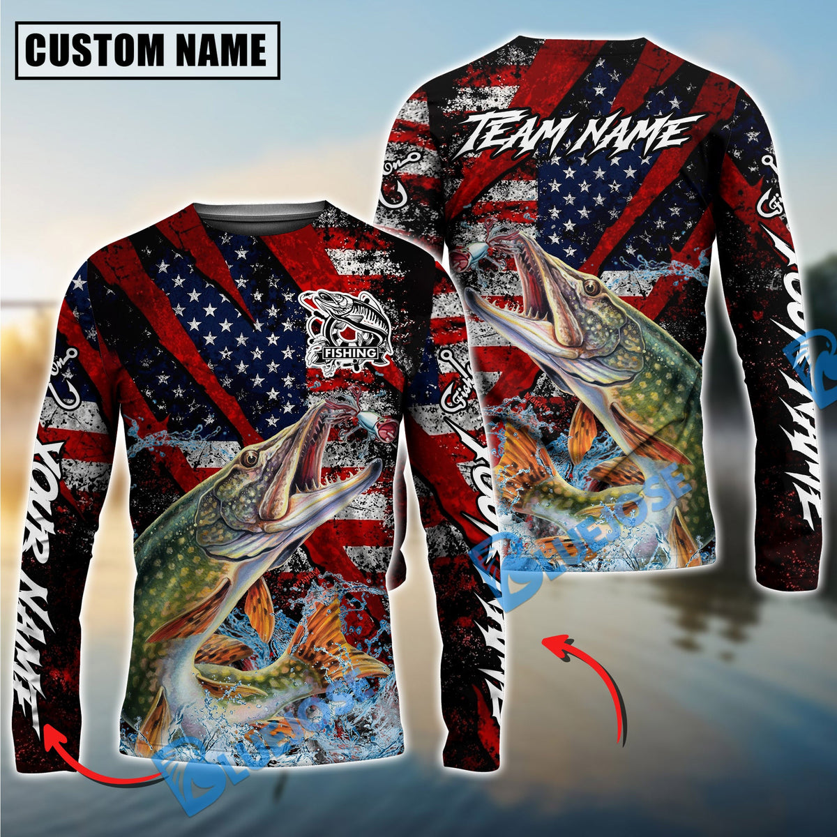 BlueJose Pike Fishing American Flag Grunge Red Scratch Custom Name & Team Name 3D Shirts